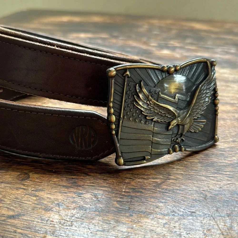 NRA travel zipper belt w/ American Eagle, Flag & NRA embossed leather belt sz 46